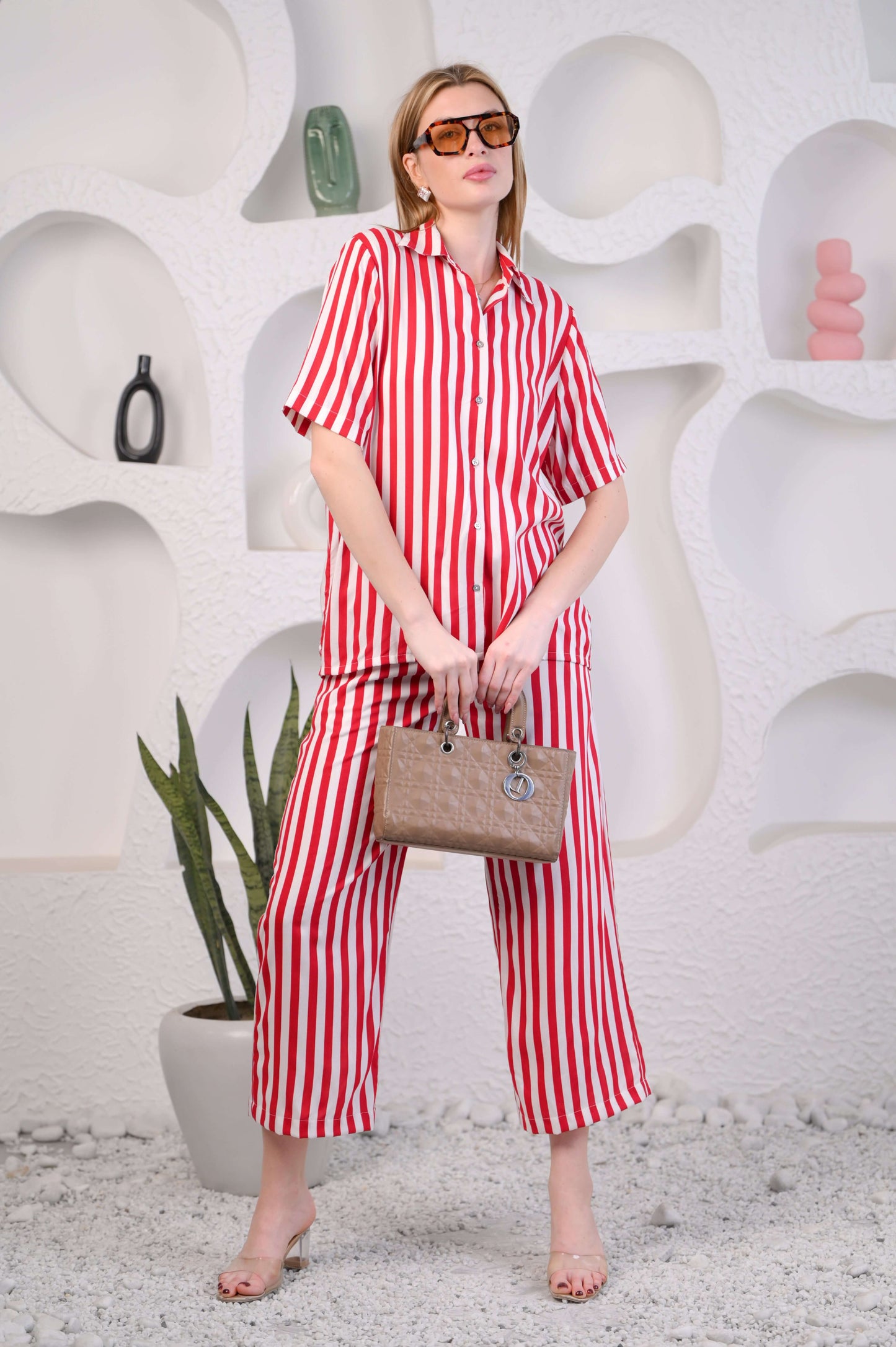 Women Red & White Striped Co-ord Set