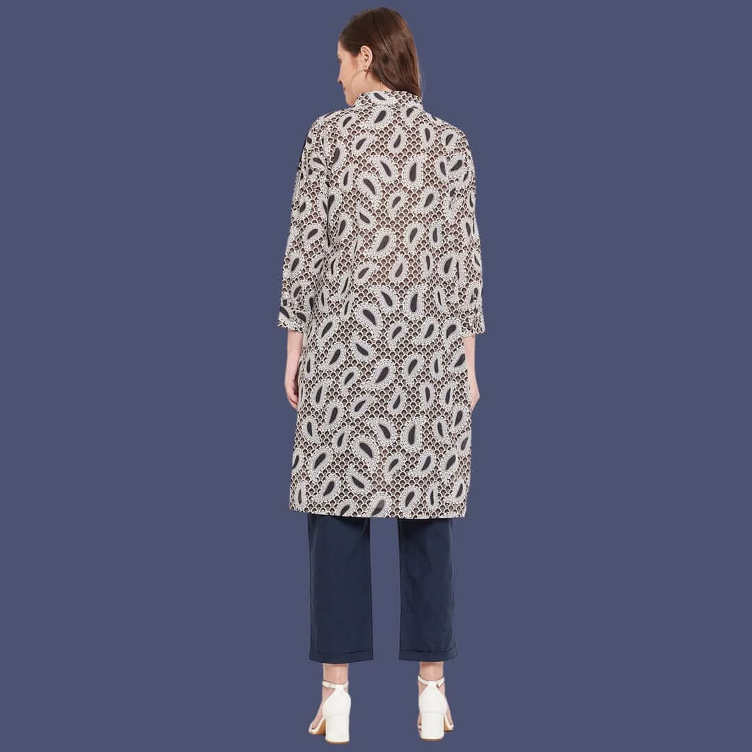 Women Navy Blue Shirt Collar Straight Kurta Paired With Pant