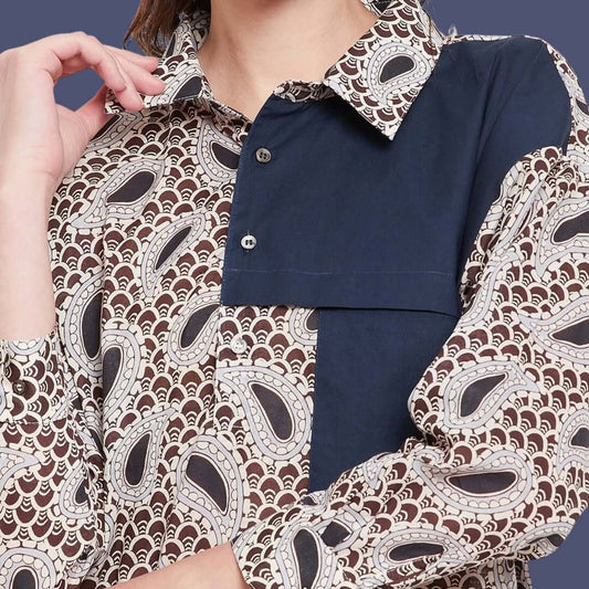 Women Navy Blue Shirt Collar Straight Kurta Paired With Pant