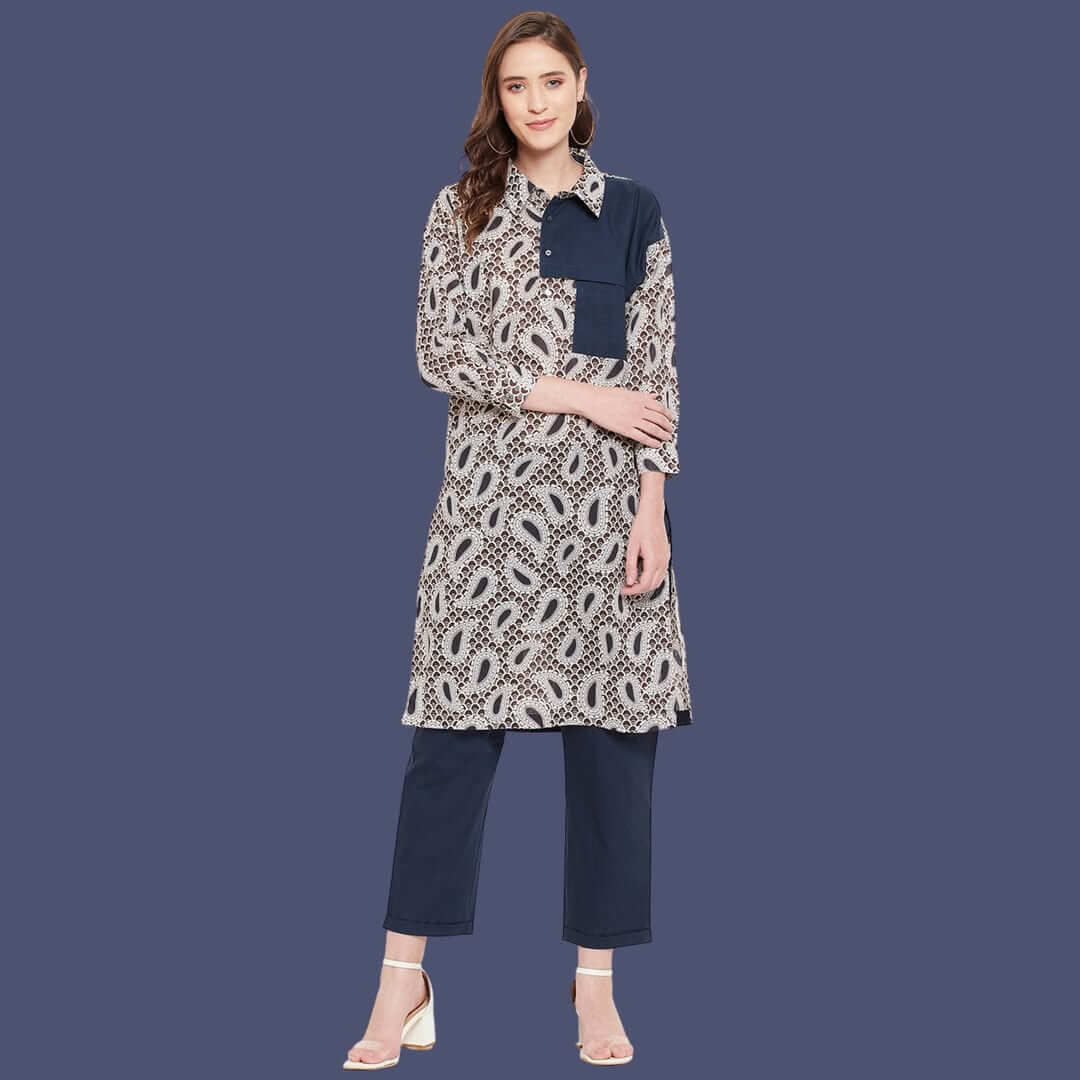 Women Navy Blue Shirt Collar Straight Kurta Paired With Pant