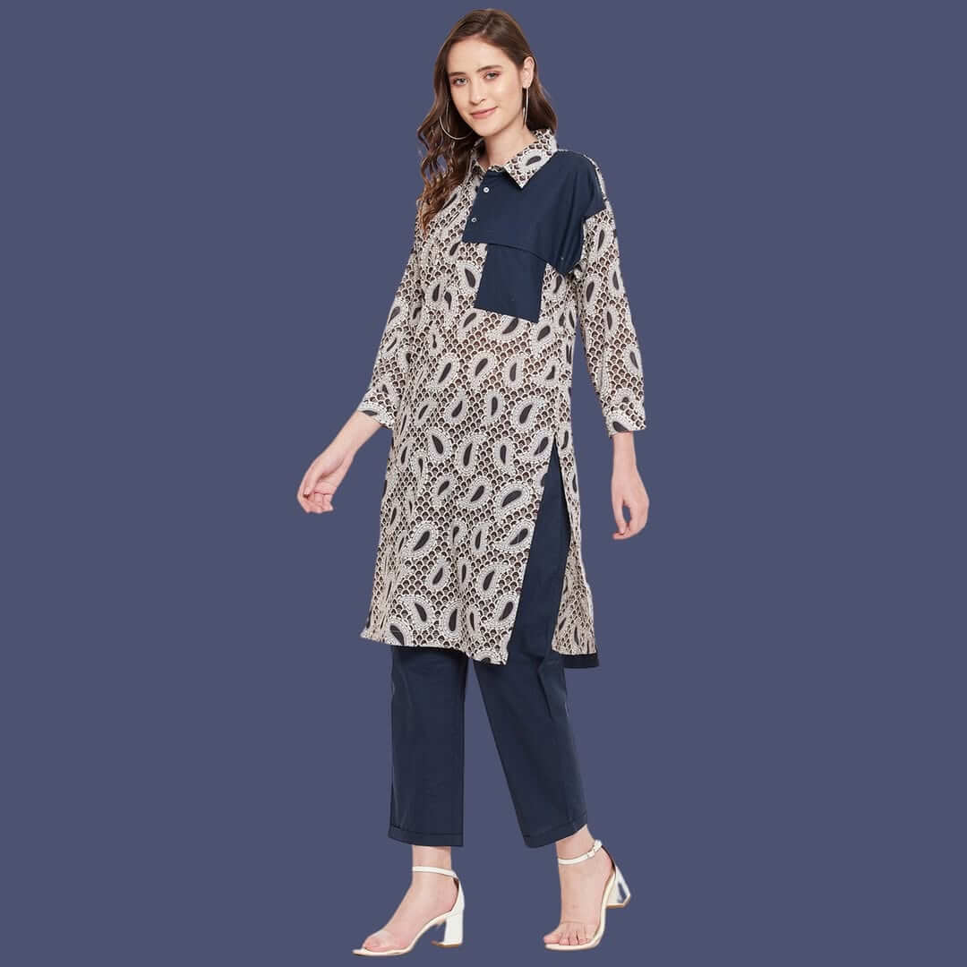 Women Navy Blue Shirt Collar Straight Kurta Paired With Pant