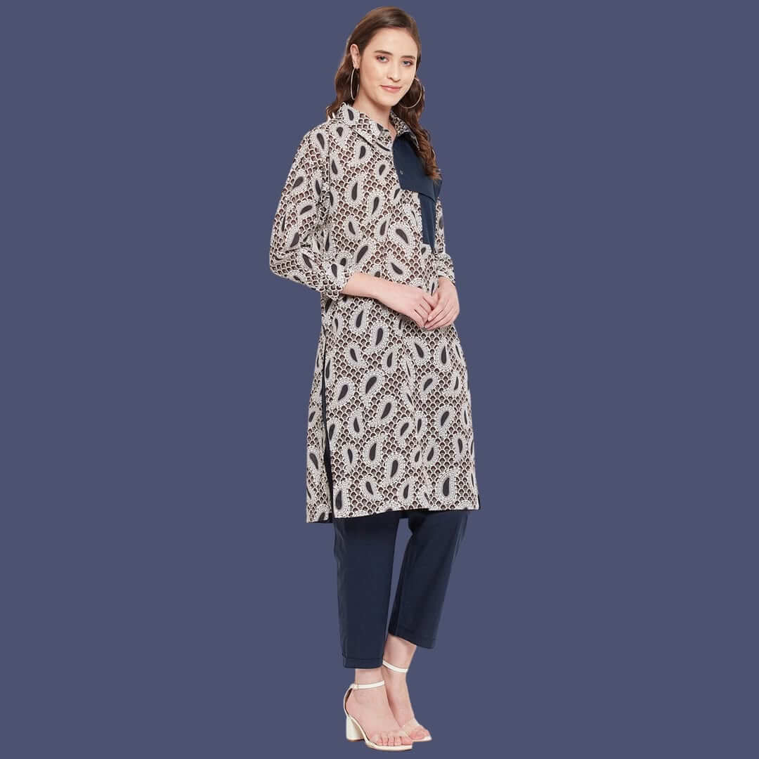 Women Navy Blue Shirt Collar Straight Kurta Paired With Pant