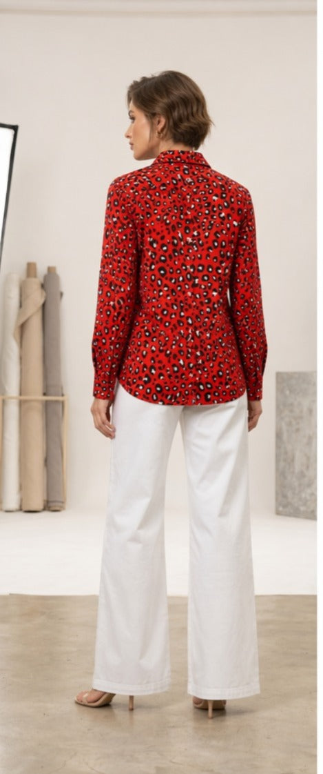 Women’s Red Print Button-Down Shirt with White Wide-Leg Trousers Set