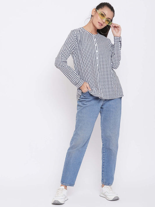 Women Black & White Checked Formal Shirt Black