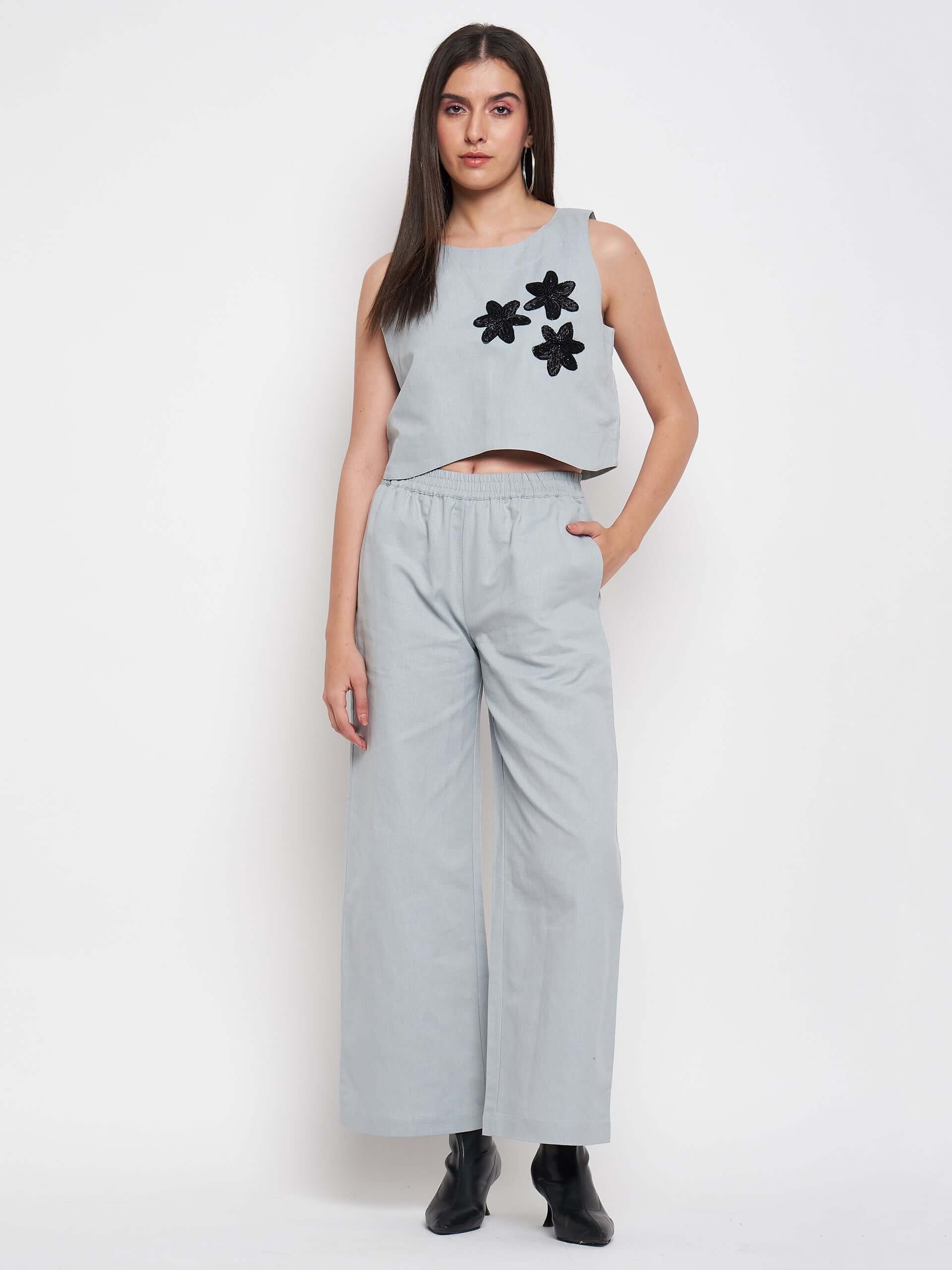 Grey Cotton Linen Embellished Sleeveless Co-ord Set - Antimony