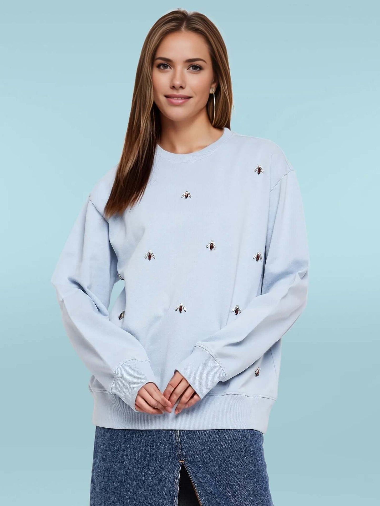 Women's Round Neck Embellished Sweatshirt - Antimony