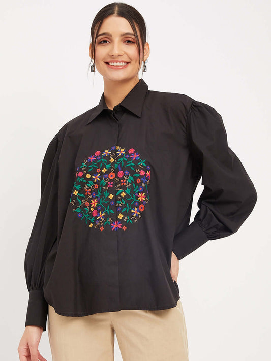 Solid Black Cotton Shirt With Thread Embroidery