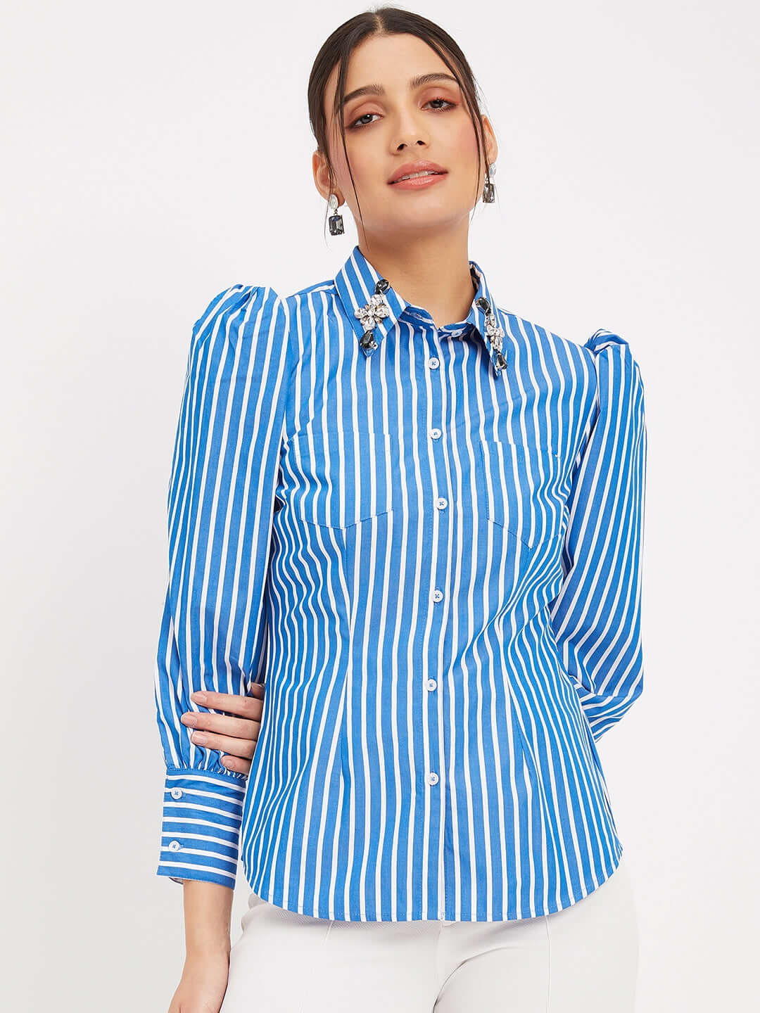 Blue and White Cotton Stripes Shirt for Women - ANTIMONY