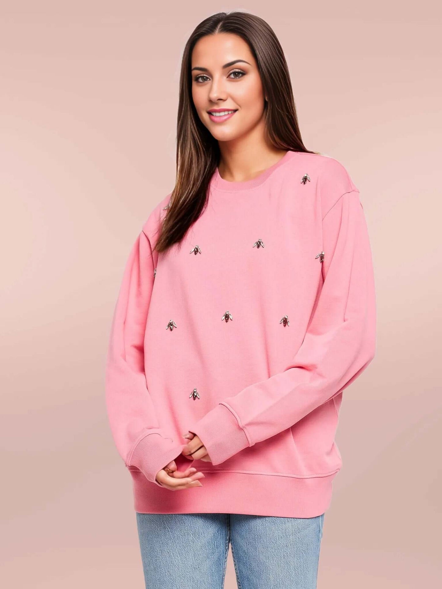 Women's Round Neck Embellished Sweatshirt - Antimony