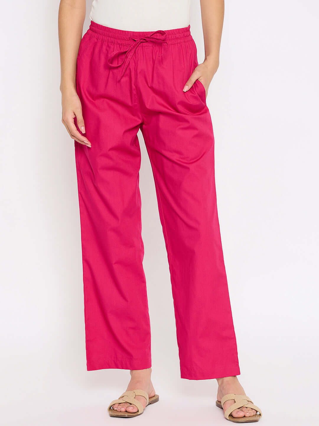 Women Solid Dark Pink Cotton Wide Leg Pants