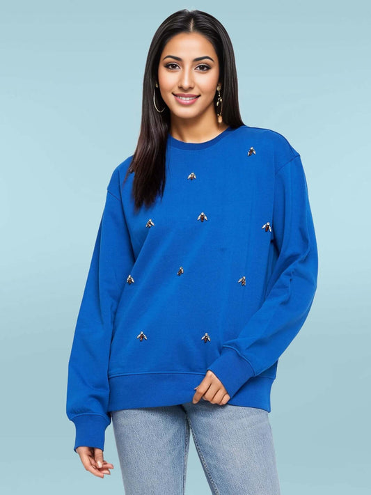 Women's Round Neck Embellished Sweatshirt - Antimony