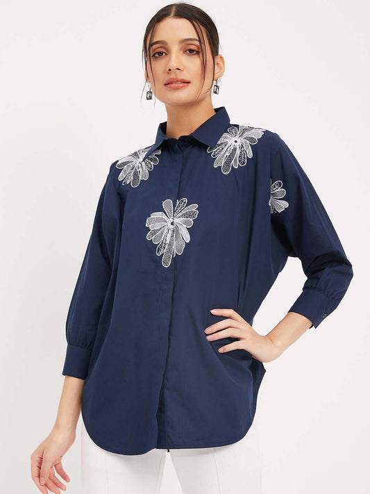 SOLID NAVY BLUE SHIRT WITH EMBROIDERY