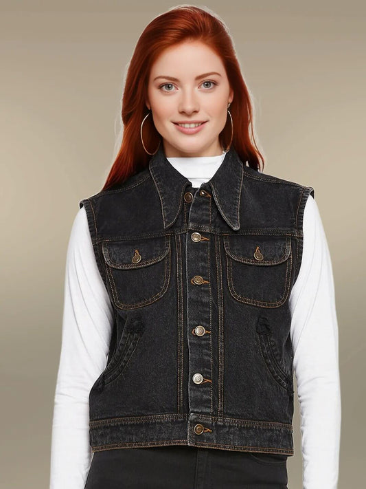 DENIM SLEEVELESS BLACK JACKET WITH FLAP POCKET - Antimony