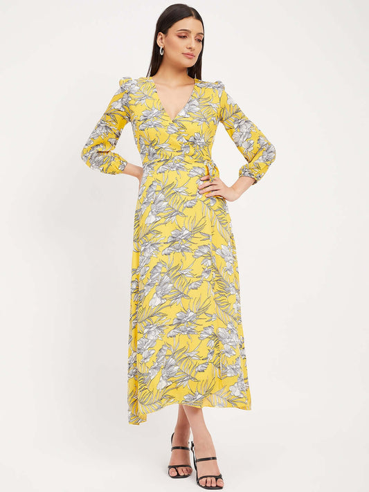 YELLOW PRINTED WRAP DRESS