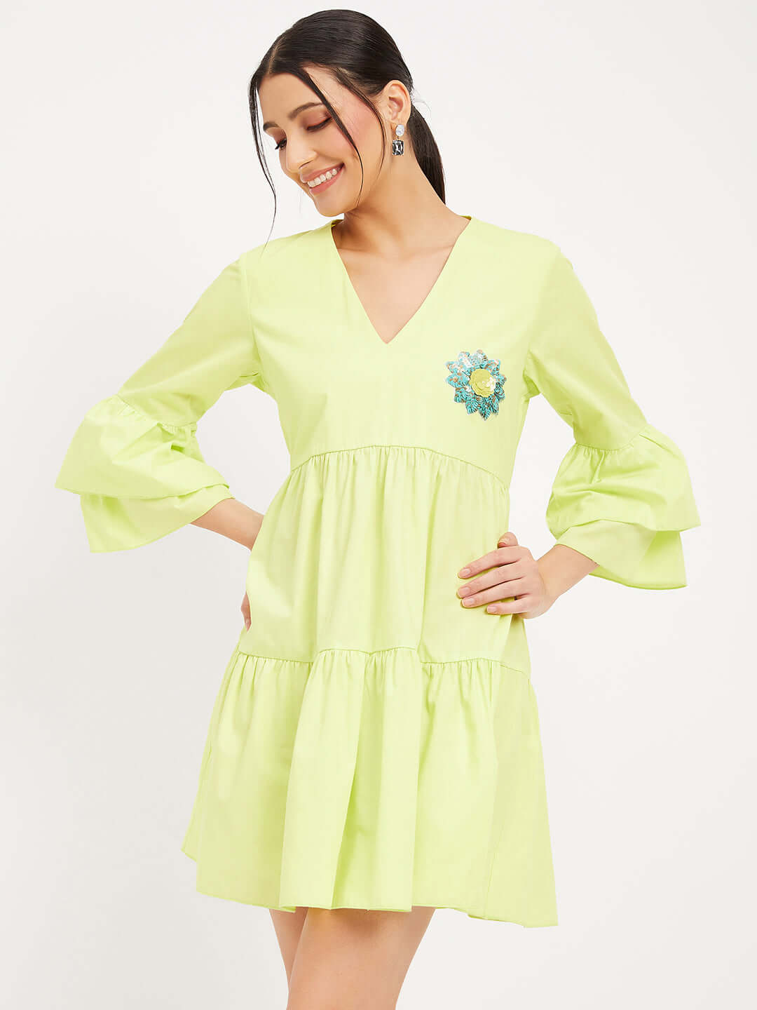 Neon Green Tired Mini Dress A Flattering Sihouette