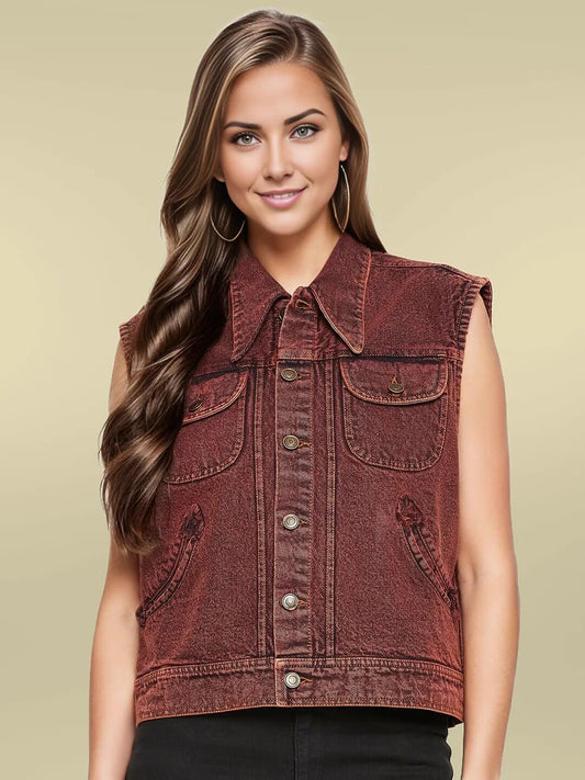 DENIM SLEEVELESS BROWN JACKET WITH FLAP POCKET - Antimony