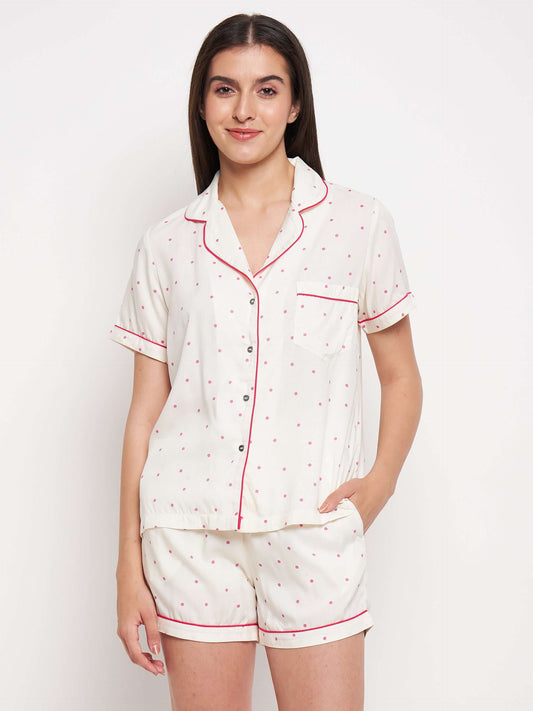 Women Polka Dots Print Night Suit Shirt & Shorts - Antimony