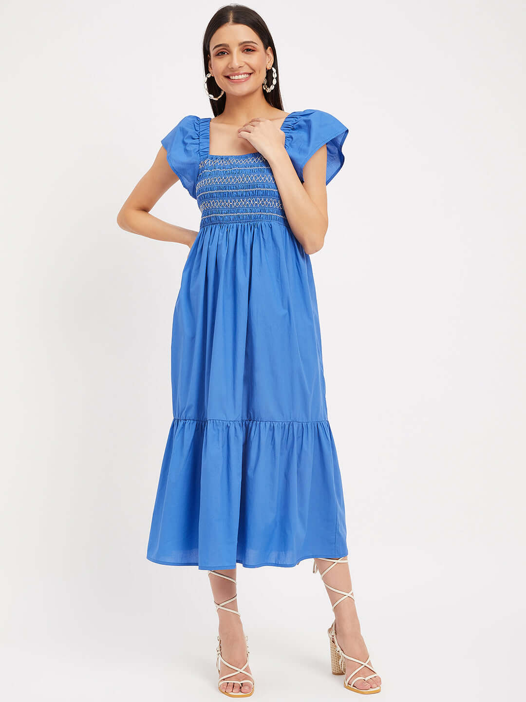 BUTTERFLY SHOULDER MIDI DRESS WITH SMOCKED