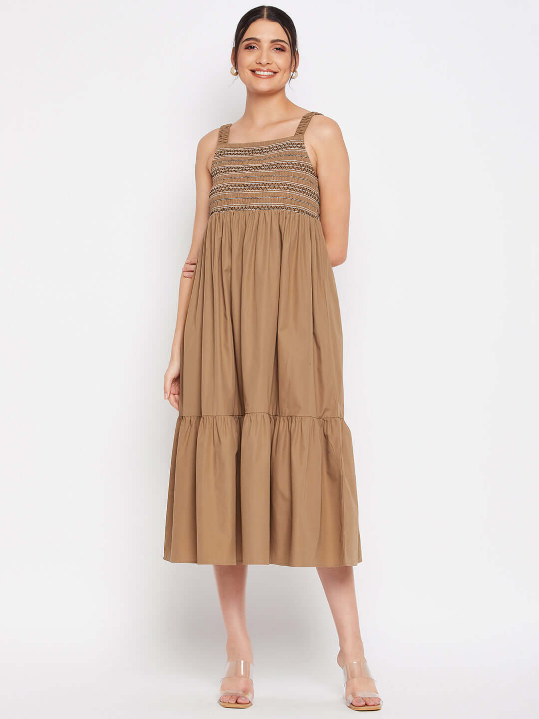 BROWN SMOCKING MIDI DRESS - Antimony