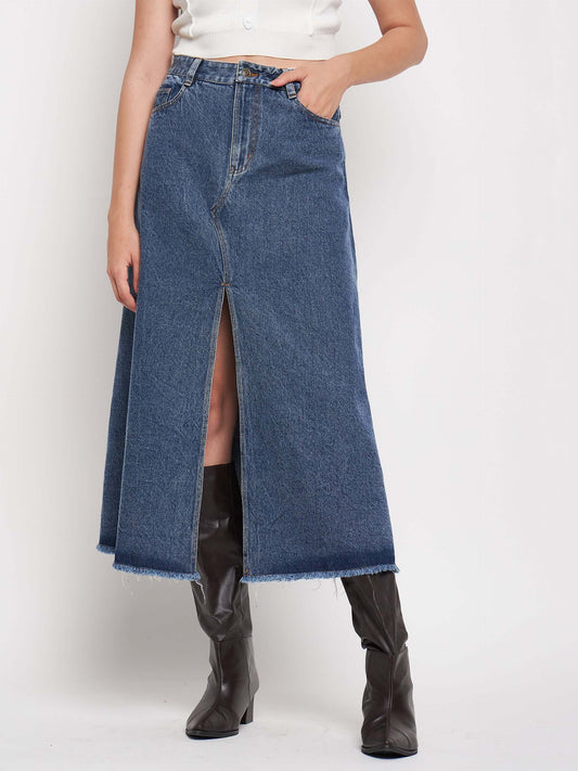 Denim Washed High Waist Split Skirt. - Antimony