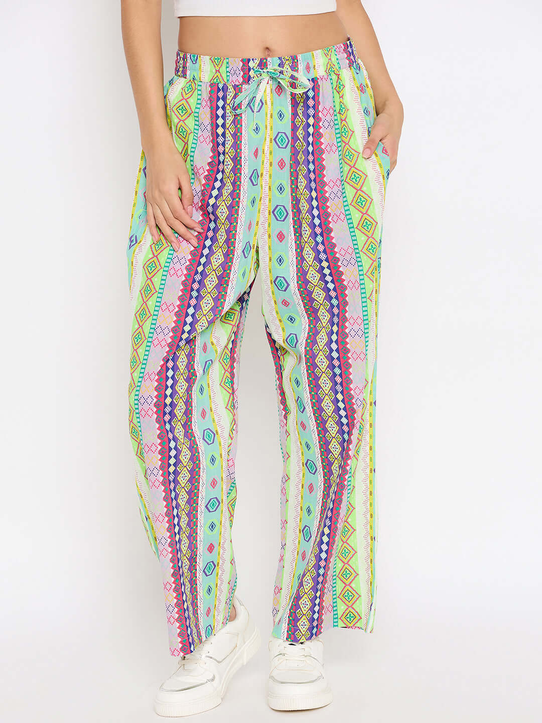 Pink printed cotton flat front trouser