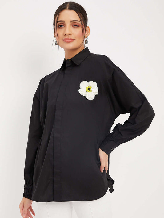 Cotton Solid Black Embroidery Shirt