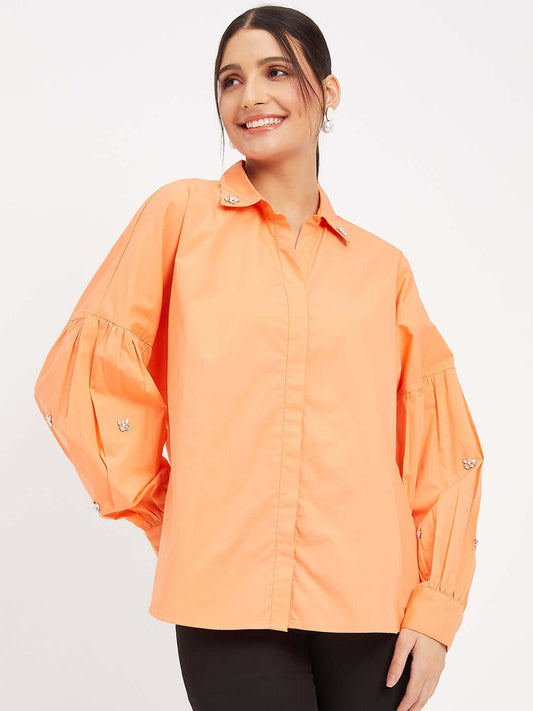 ORANGE COTTON BALLOON SLEEVE SHIRT - Antimony