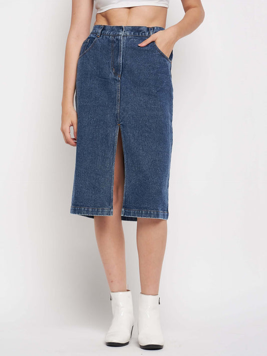 Denim Midi Skirt Front Slit 