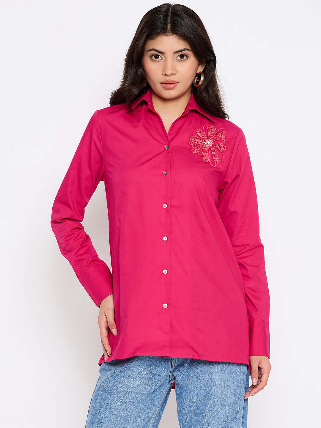 Floral Embroidered Shirt with Spread Collar