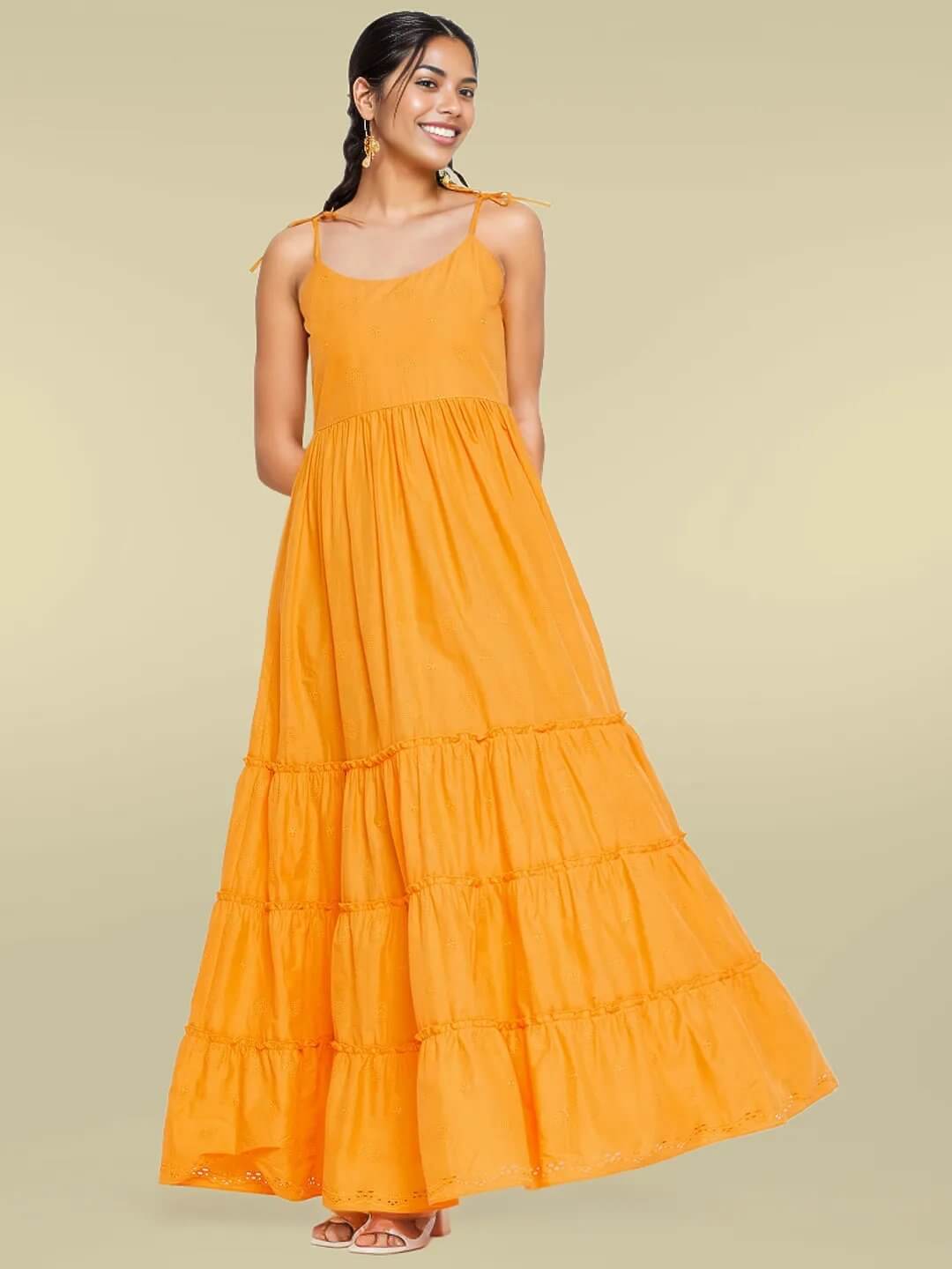 Long Orange Ruffled Tiered Strappy Dress - Antimony