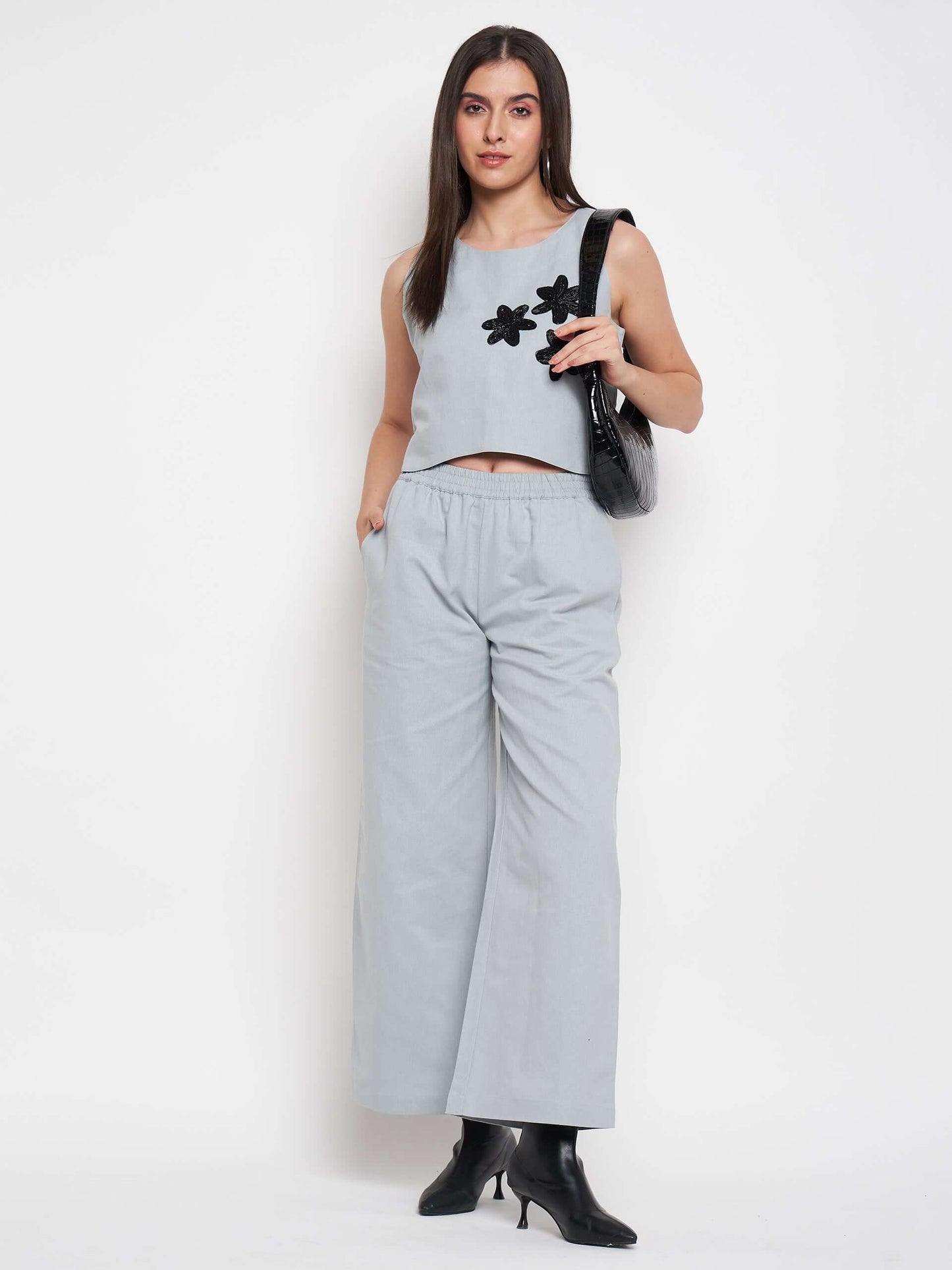 Grey Cotton Linen Embellished Sleeveless Co-ord Set - Antimony