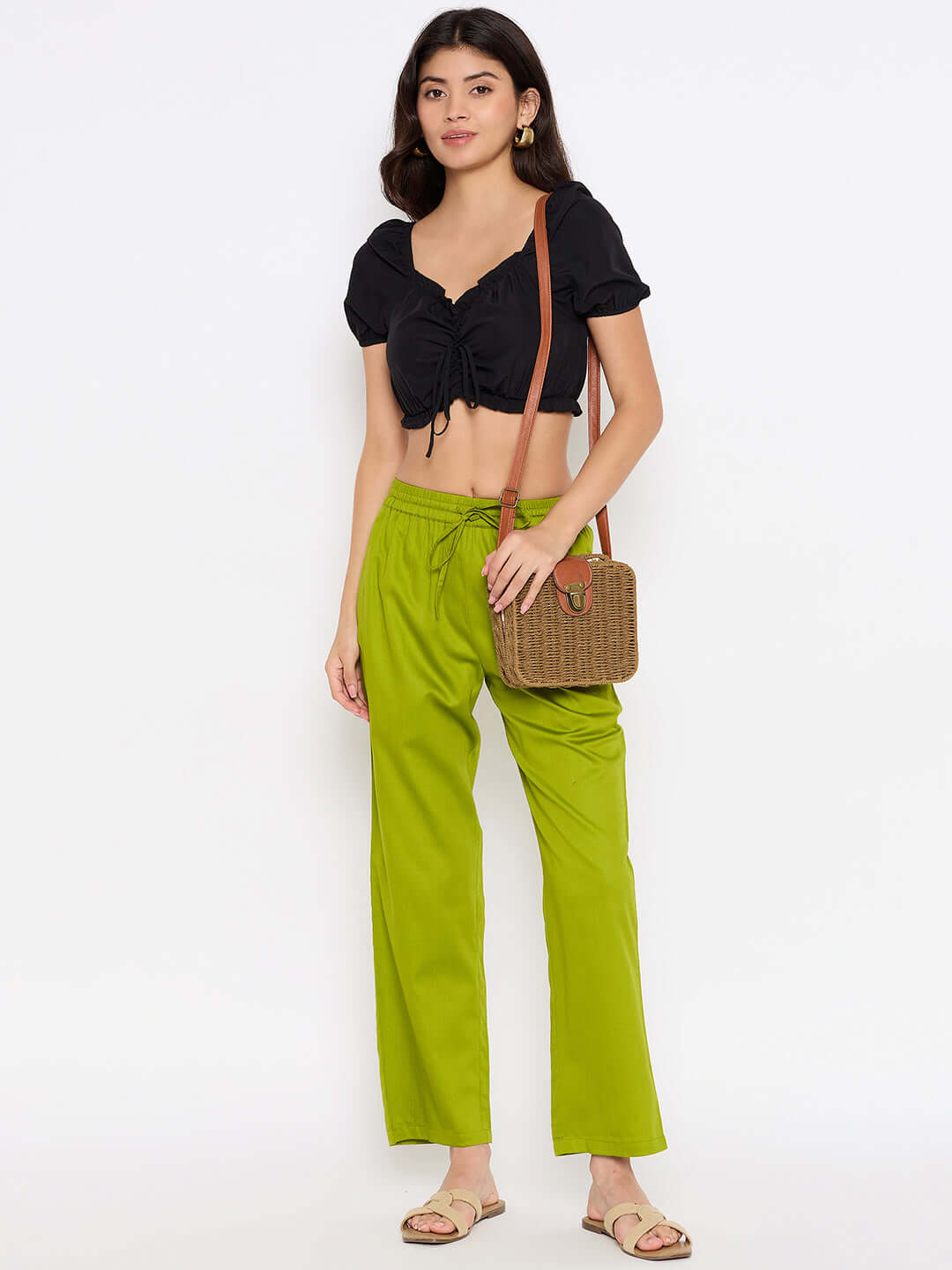 Women Straight Fit Pants with Elasticated Drawstring Waist(Olive Green)