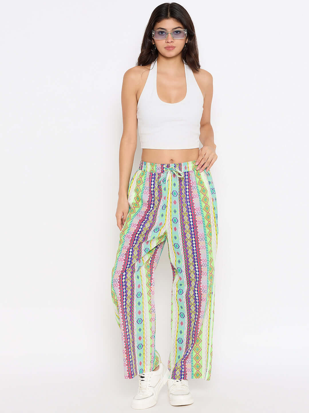 Pink printed cotton flat front trouser