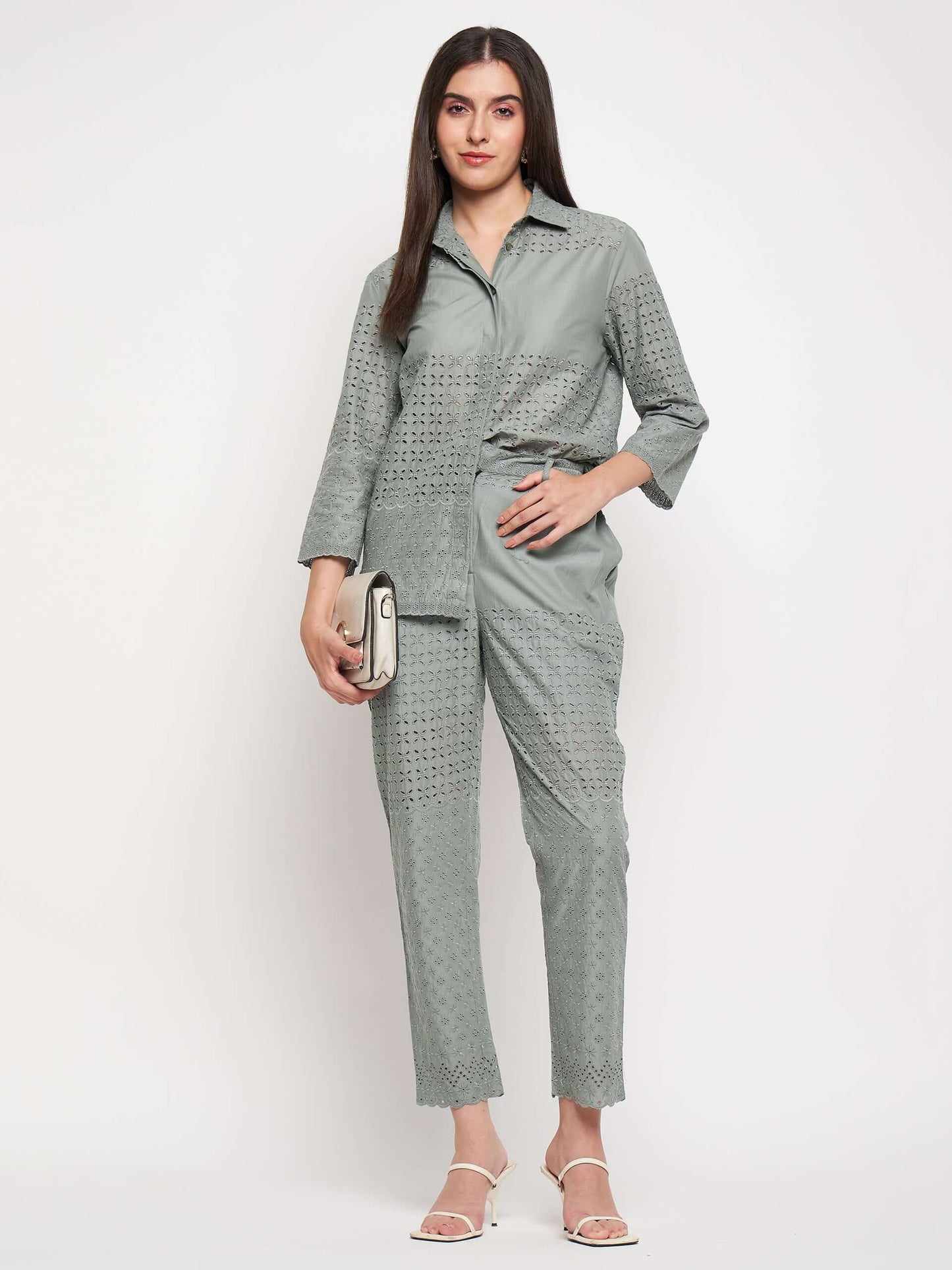 Grey Cotton Cut work embroidery co-ord set - Antimony