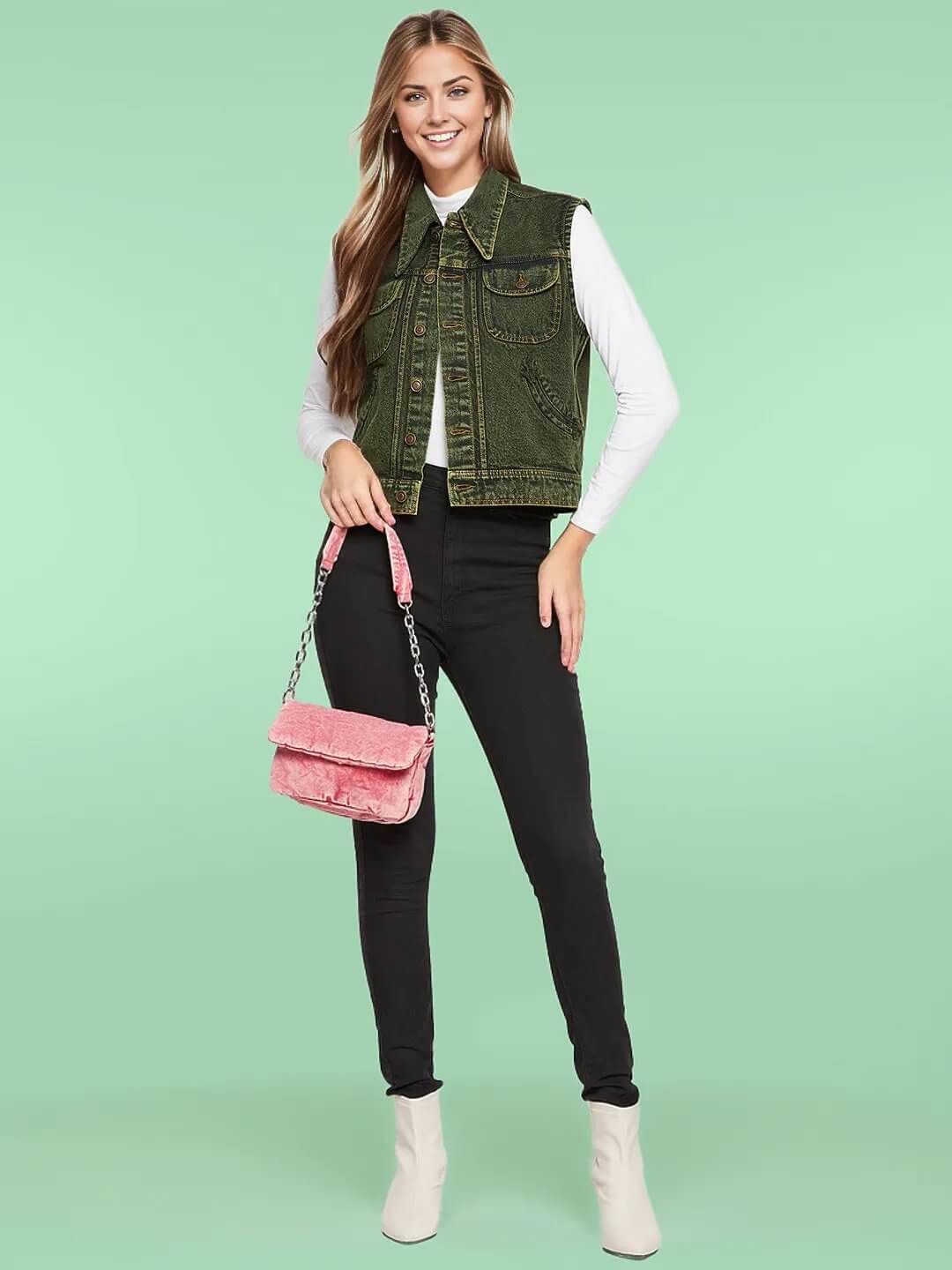 DENIM SLEEVELESS GREEN JACKET WITH FLAP POCKET - Antimony