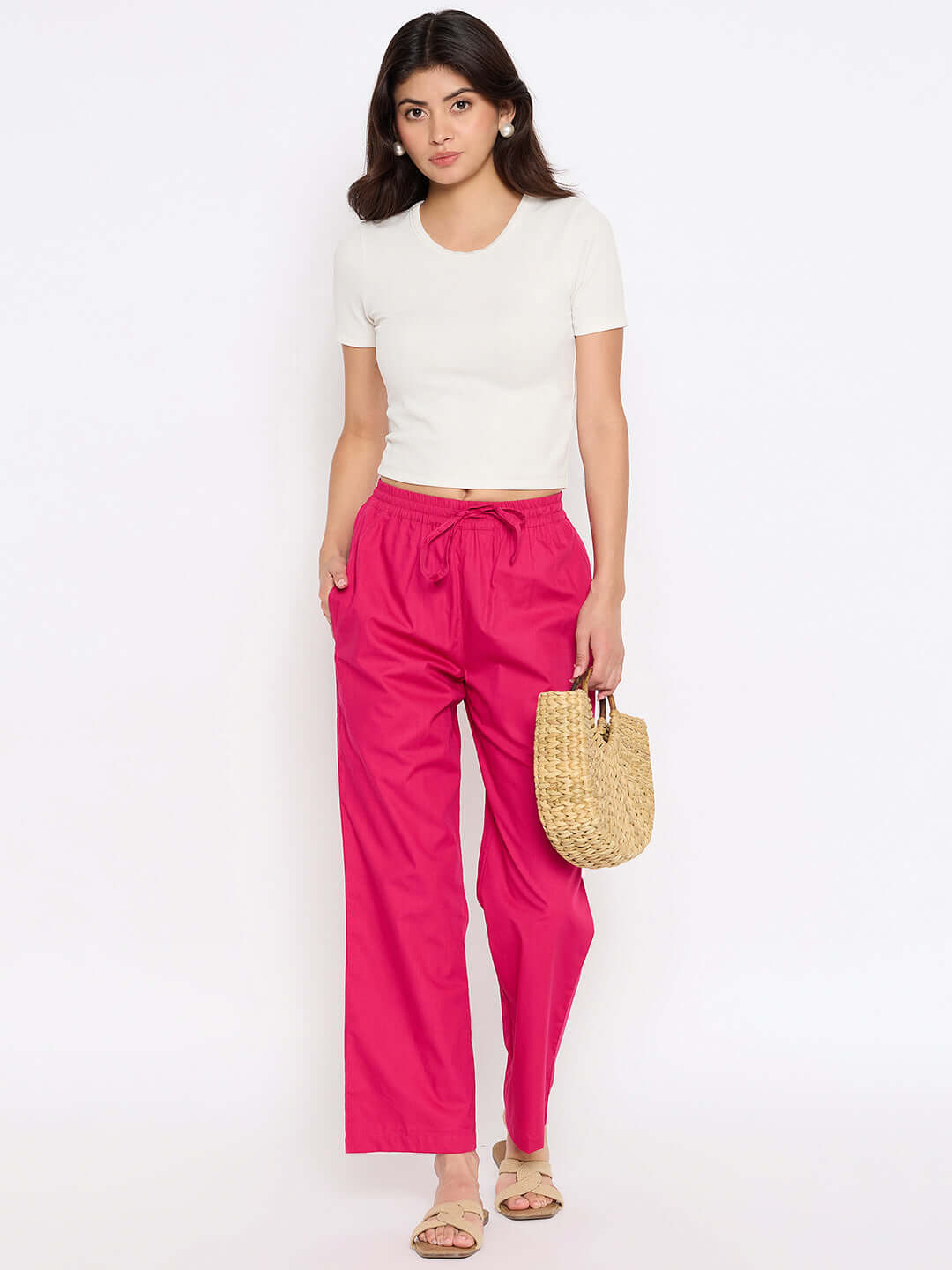 Women Solid Dark Pink Cotton Wide Leg Pants