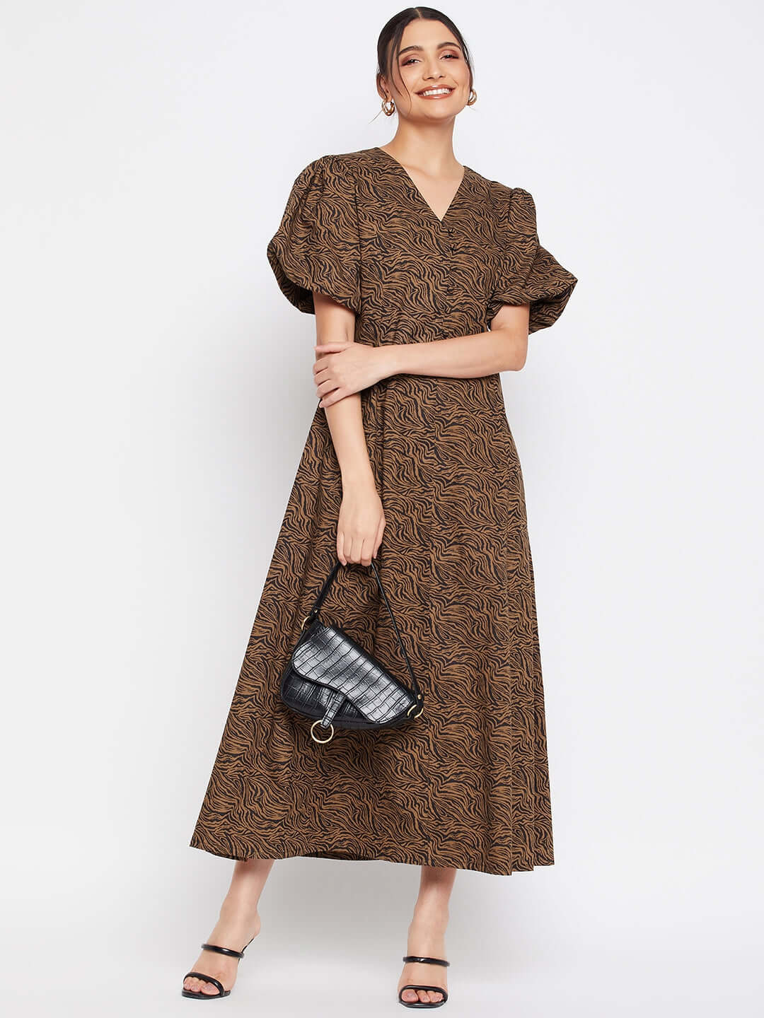 BROWN & BLACK ZEBRA MIDI DRESS - Antimony