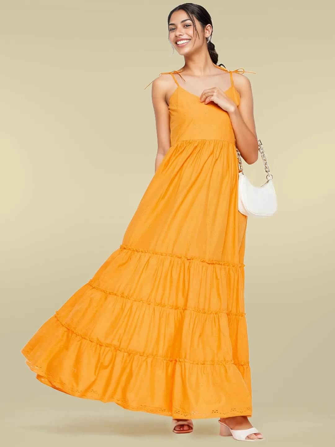 Long Orange Ruffled Tiered Strappy Dress - Antimony