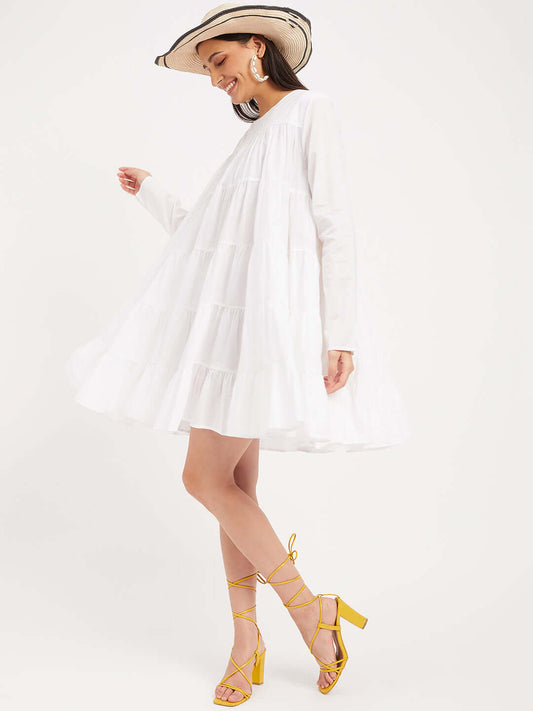 Solid White Flared Dress for Women