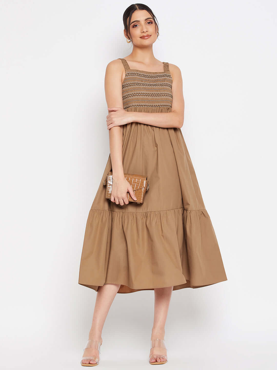 BROWN SMOCKING MIDI DRESS - Antimony