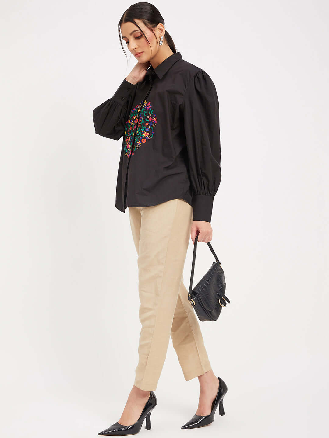 Solid Black Cotton Shirt With Thread Embroidery