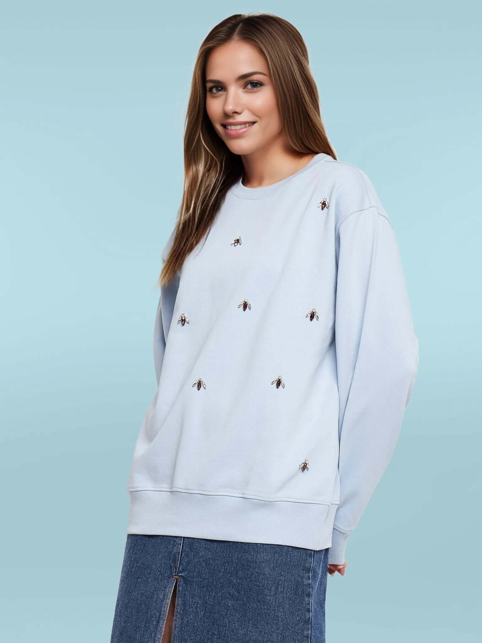 Women's Round Neck Embellished Sweatshirt - Antimony