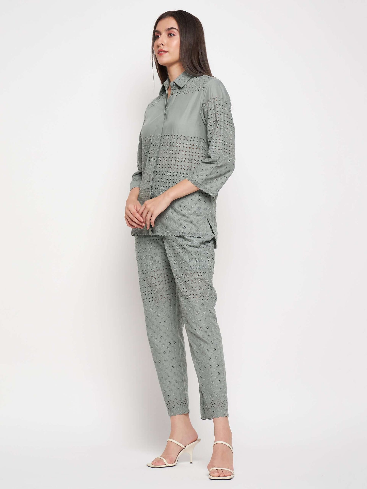 Grey Cotton Cut work embroidery co-ord set - Antimony