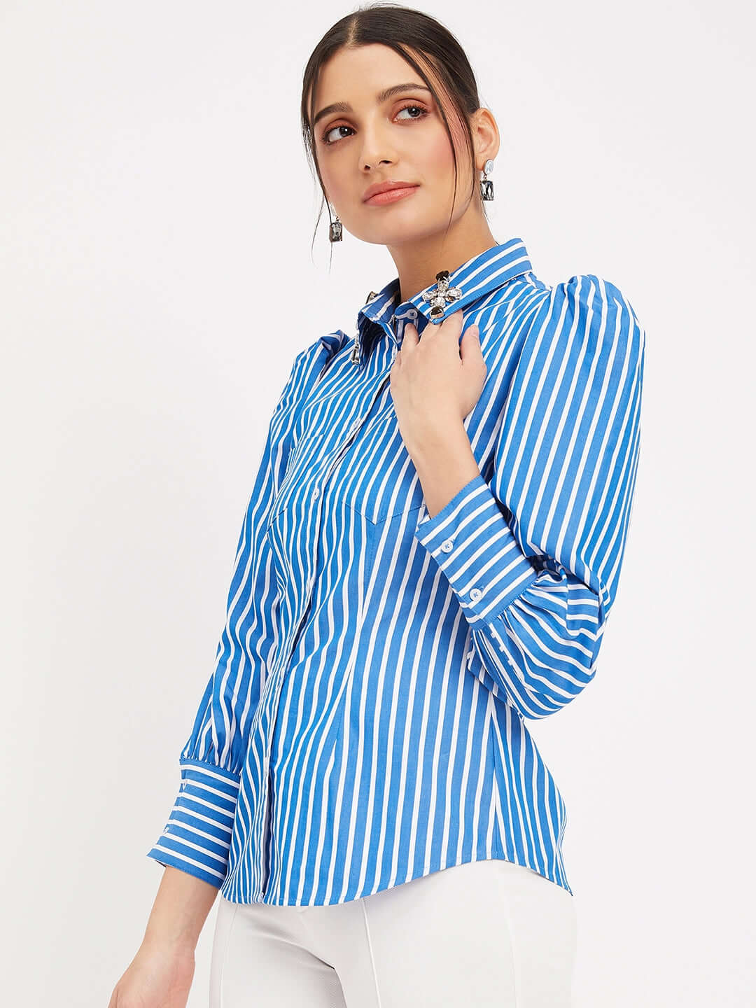 Blue and White Cotton Stripes Shirt for Women - ANTIMONY