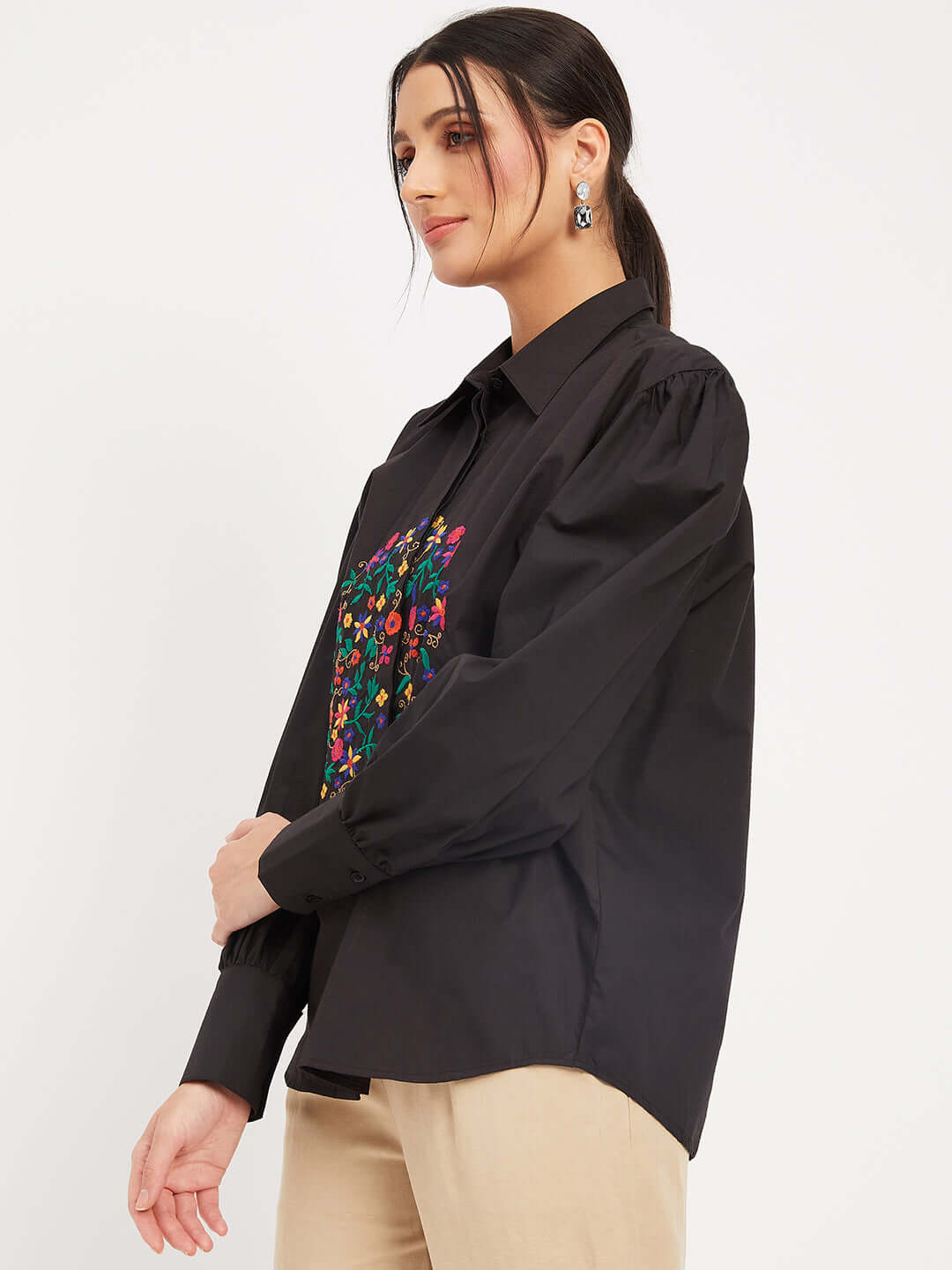 Solid Black Cotton Shirt With Thread Embroidery