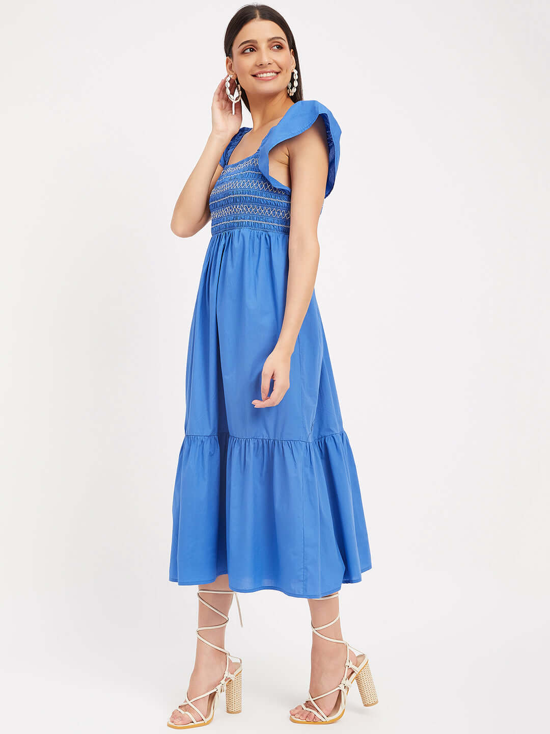 BUTTERFLY SHOULDER MIDI DRESS WITH SMOCKED