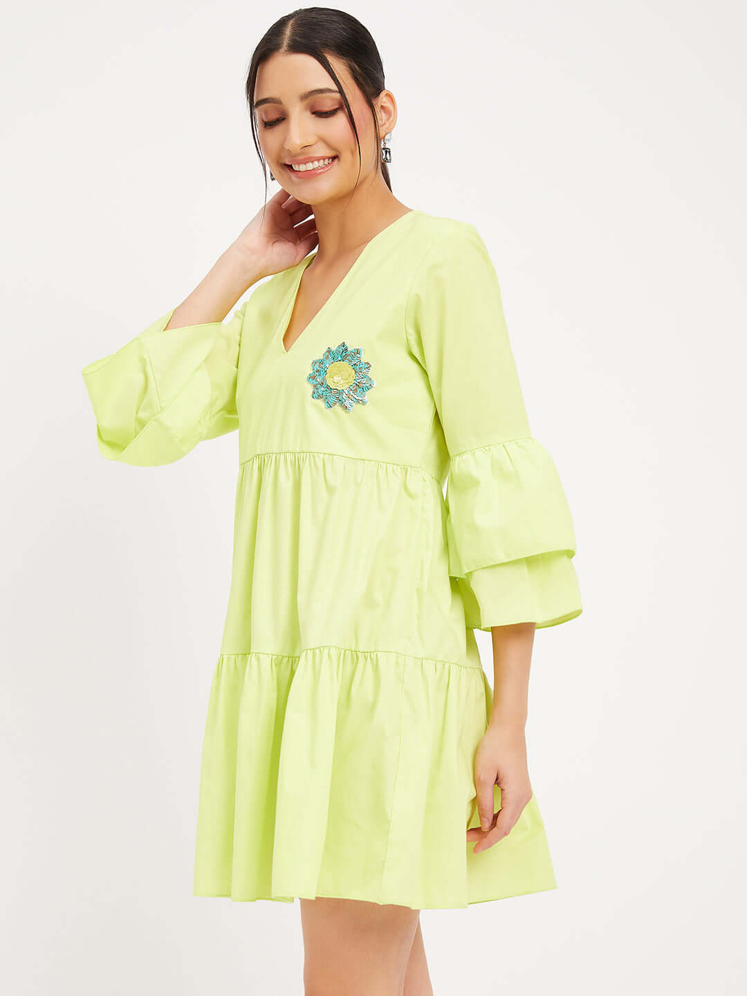 Neon Green Tired Mini Dress A Flattering Sihouette