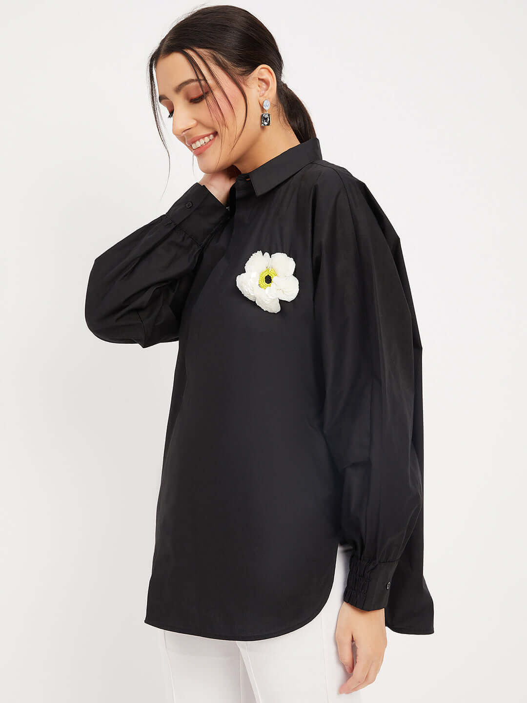 Cotton Solid Black Embroidery Shirt