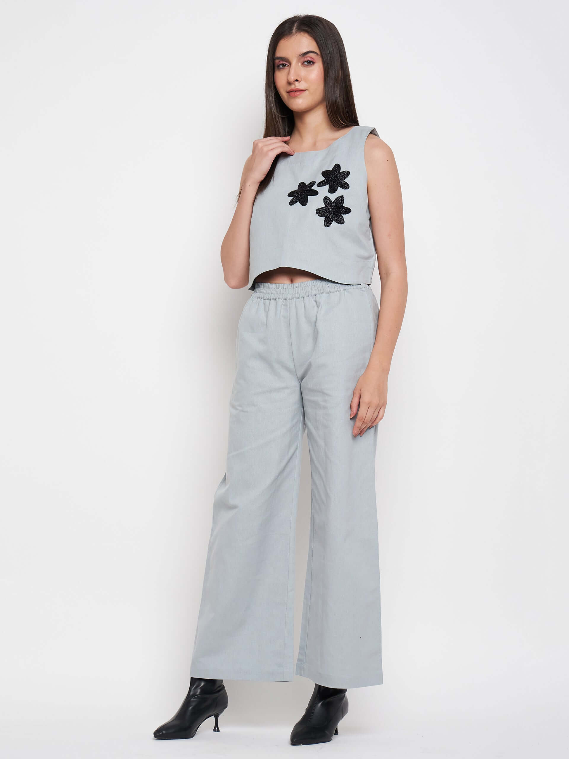 Grey Cotton Linen Embellished Sleeveless Co-ord Set - Antimony