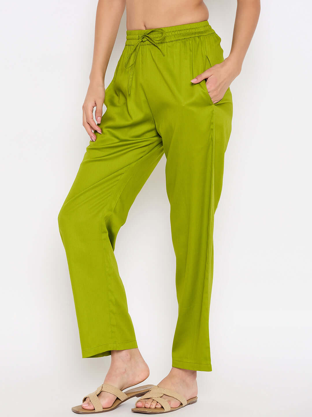 Women Straight Fit Pants with Elasticated Drawstring Waist(Olive Green)